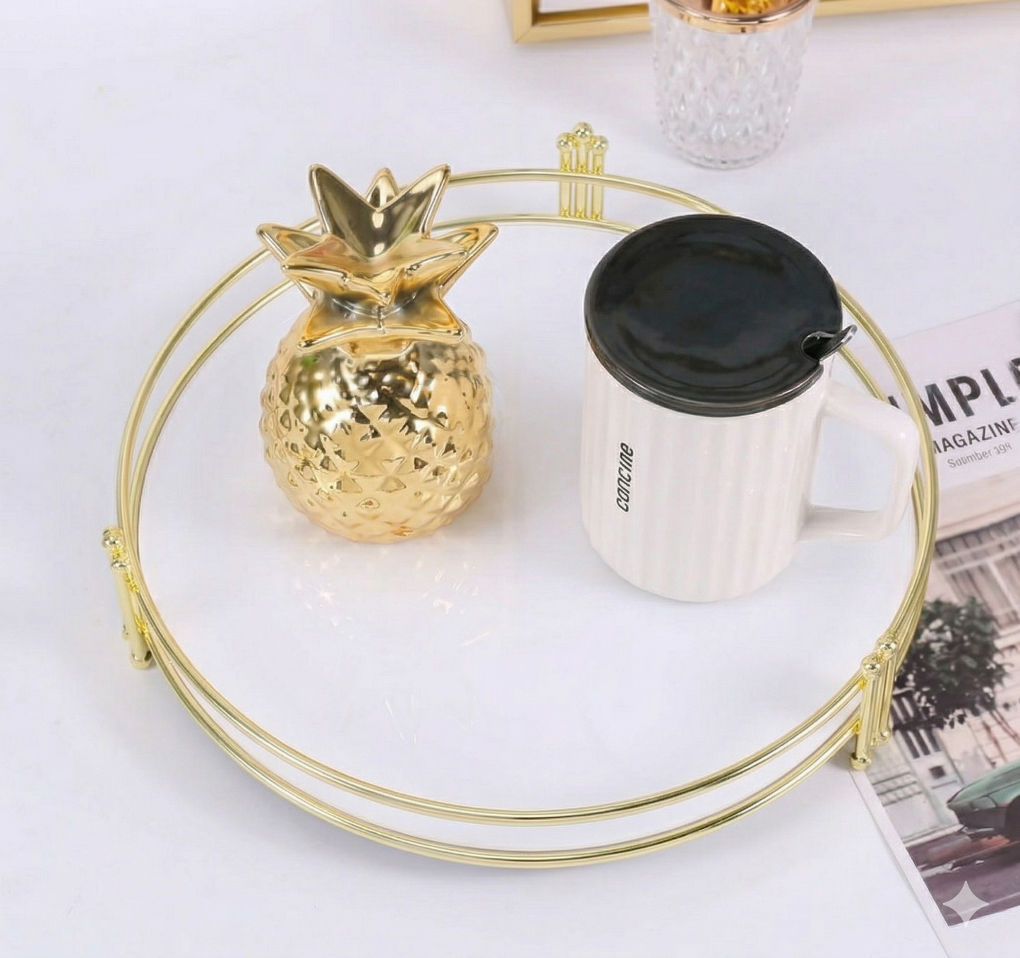 Luxury Round Golden Vanity Tray | Premium White Acrylic Base Organizer for Makeup, Perfumes & Dining Display (Rust-Proof Metal)