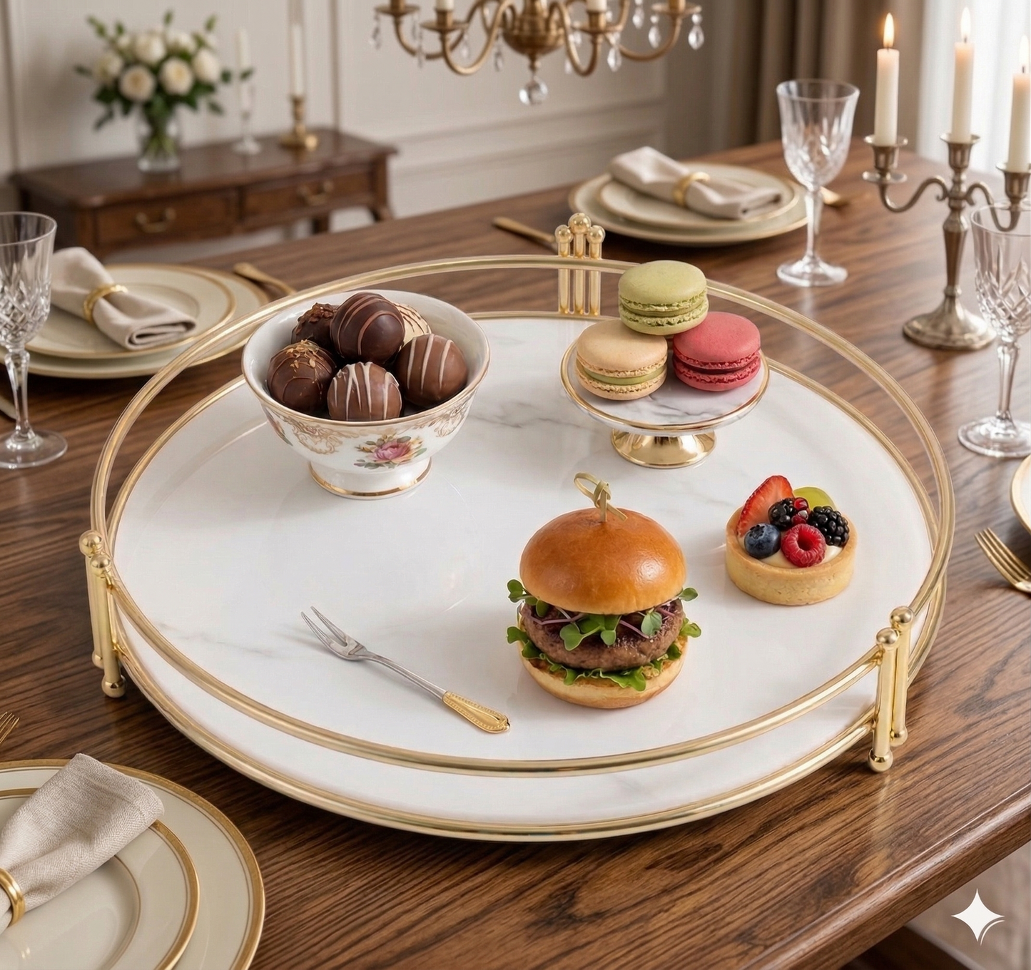 Luxury Round Golden Vanity Tray | Premium White Acrylic Base Organizer for Makeup, Perfumes & Dining Display (Rust-Proof Metal)