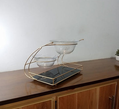 Luxury 2-Bowl & Tray Gold Serving Stand – Elegant Metal Rack with Glass Bowls for Snacks & Dry Fruits