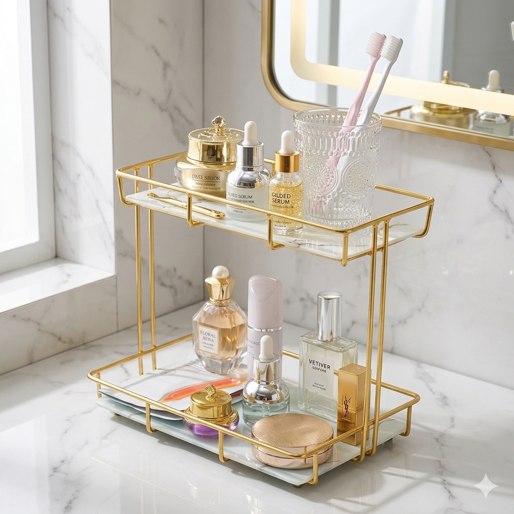 Luxury 2-Tier Gold Mecup Organizer Rack – Premium Cosmetic & Kitchen Countertop Display Stand (Black & White Acrylic Base)