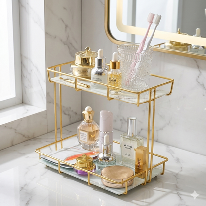 Luxury 2-Tier Gold Mecup Organizer Rack – Premium Cosmetic & Kitchen Countertop Display Stand (Black & White Acrylic Base)