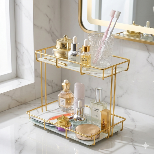 Luxury 2-Tier Gold Mesh Organizer Rack – Premium Cosmetic & Kitchen Countertop Display Stand (Black & White Acrylic Base)