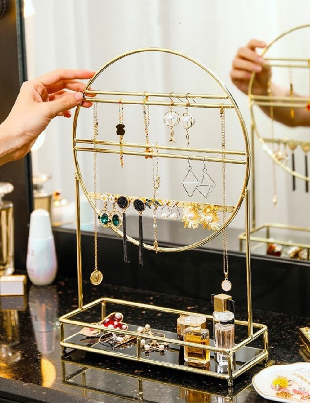 Premium 2-in-1 Round Gold Jewelry Rack & Cosmetic Vanity Organizer