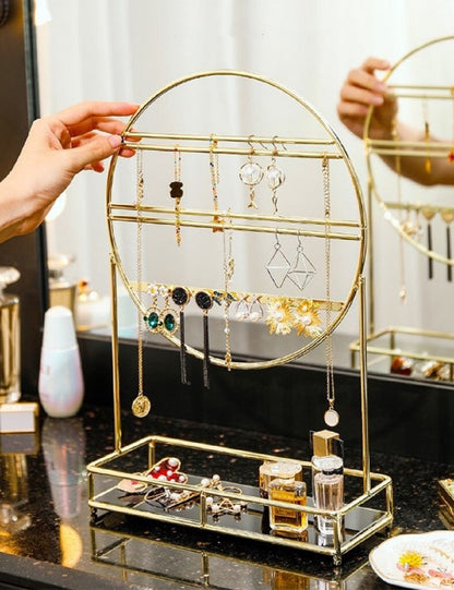 Premium 2-in-1 Round Gold Jewelry Rack & Cosmetic Vanity Organizer