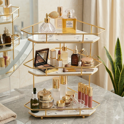 3-Tier Luxury Corner Organizer - Shiny Gold & Black Marble Finish - Multipurpose Vanity, Kitchen & Dressing Table Rack.