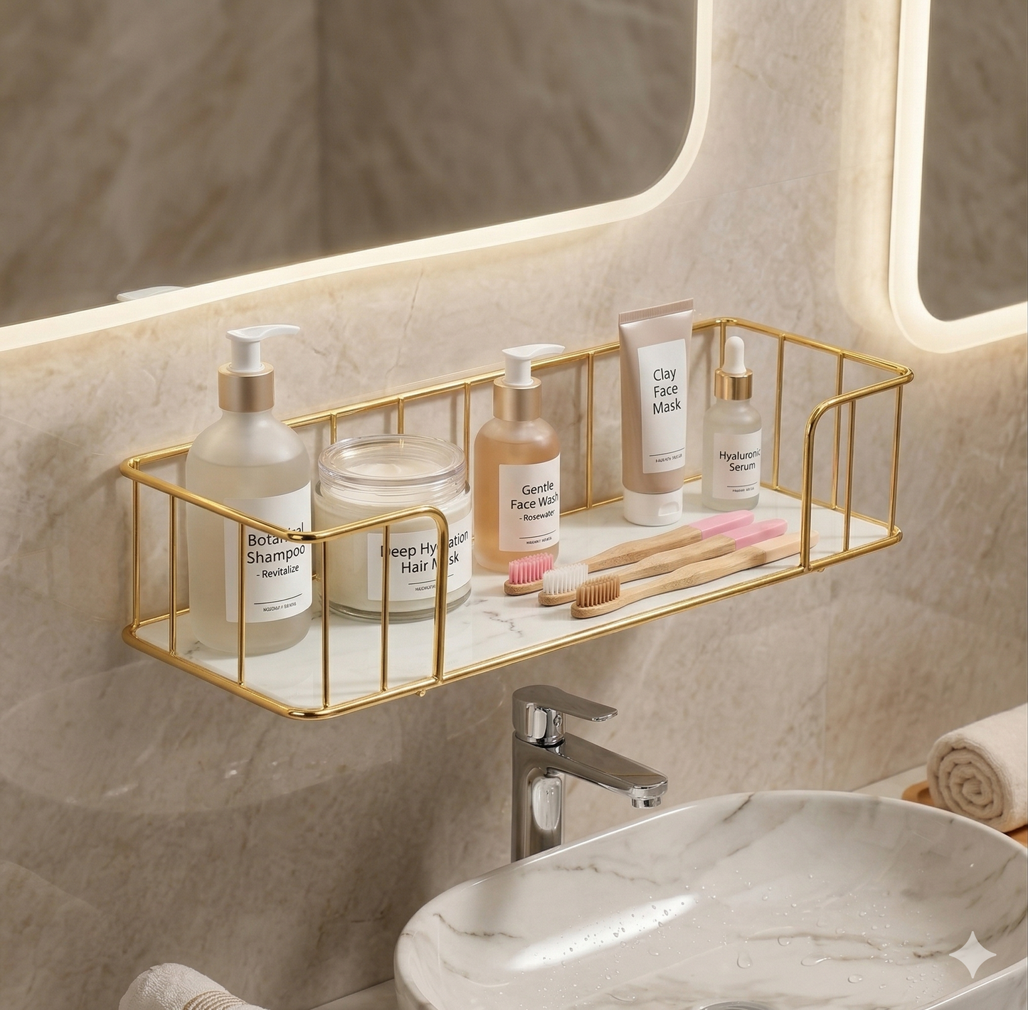 Luxury Golden Wall-Mounted Organizer Rack – Multi-purpose Storage Shelf for Bathroom, Kitchen & Dressing Table – Premium Metal & Marble Finish Base