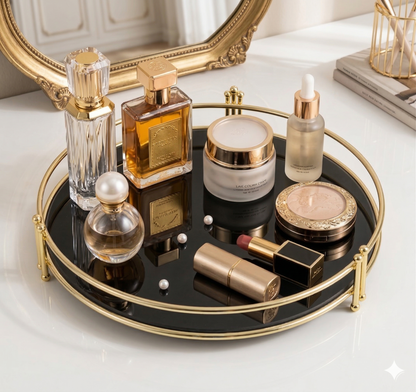 Luxury Round Golden Vanity Tray | Premium White Acrylic Base Organizer for Makeup, Perfumes & Dining Display (Rust-Proof Metal)
