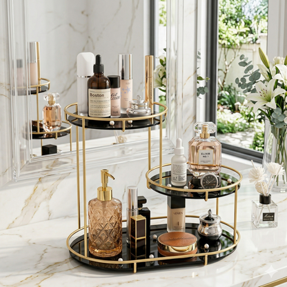 Luxury 3-Tier Step-Design Golden Organizer | Premium Oval Vanity Rack with White Acrylic Base for Cosmetics, Perfumes & High-End Decor