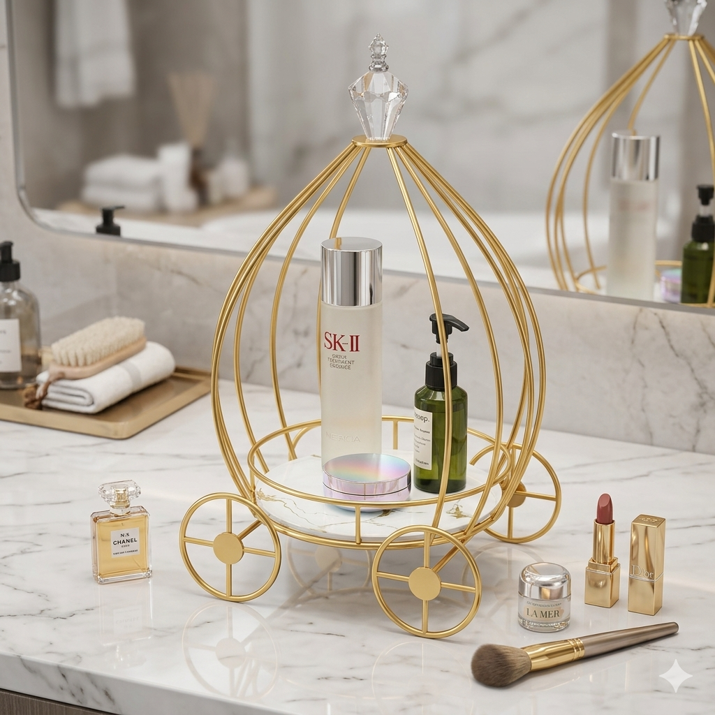 Luxury Golden Carriage Cosmetic Organizer – Elegant Cinderella Style Makeup Vanity Tray  Perfect for Home Decor & Reselling