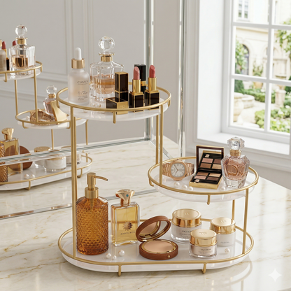 Luxury 3-Tier Step-Design Golden Organizer | Premium Oval Vanity Rack with White Acrylic Base for Cosmetics, Perfumes & High-End Decor