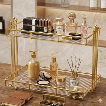 Double-Layer Cosmetic Shelf – Stylish Makeup Rack & Bathroom Vanity Organizer