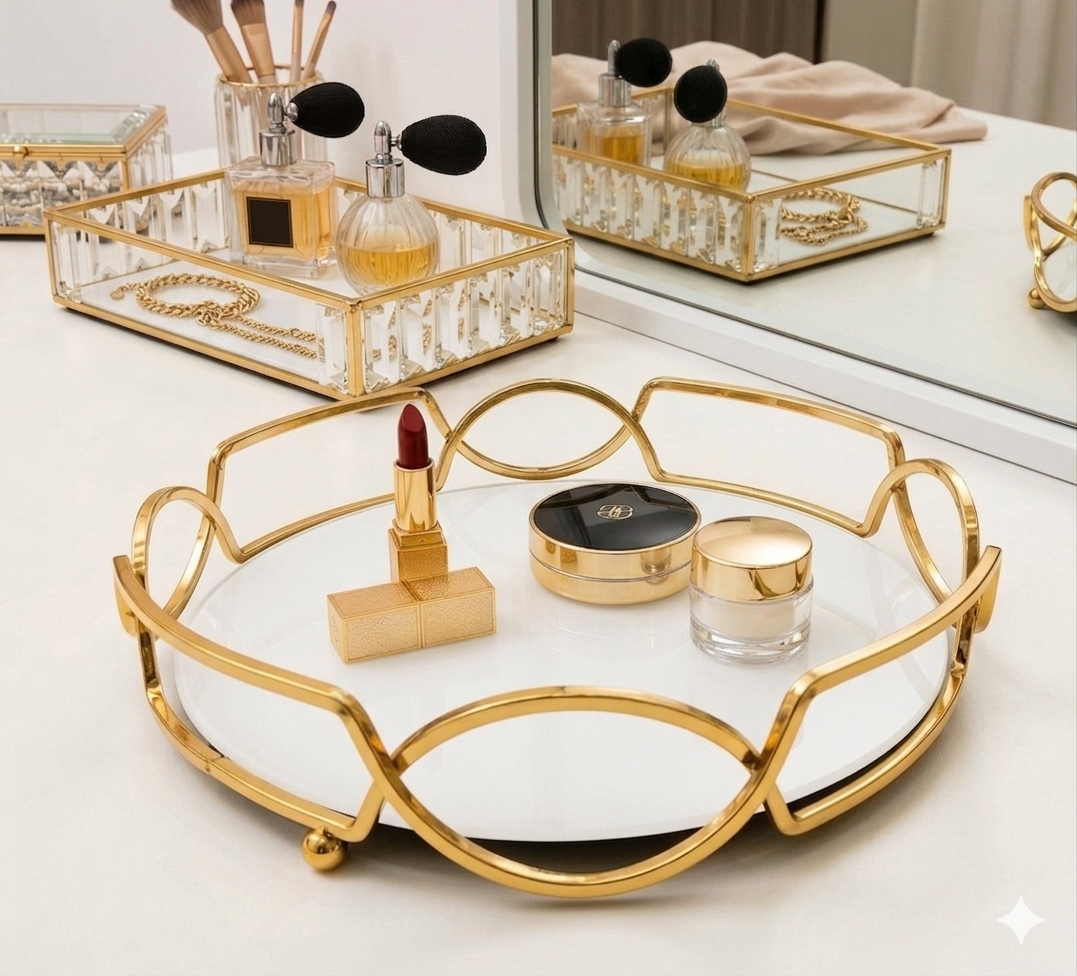 Luxury Round Golden  Tray - Elegant Cosmetic & Jewelry Organize