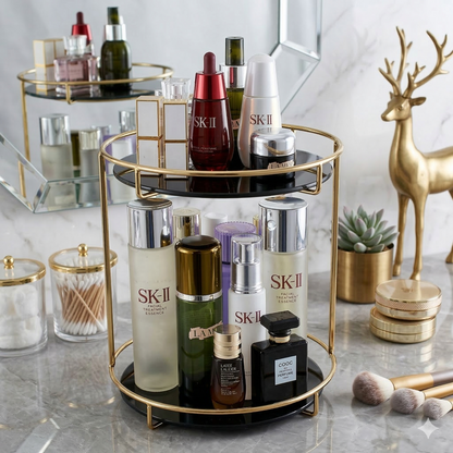 Luxury 2-Tier Round Makeup Organizer – Shiny Gold Metal Frame with Elegant Black Marble Base