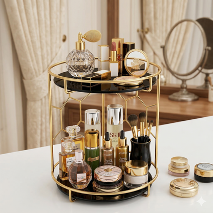 Luxury 2-Tier Round Makeup Organizer – Shiny Gold Metal Frame with Elegant Black Marble Base