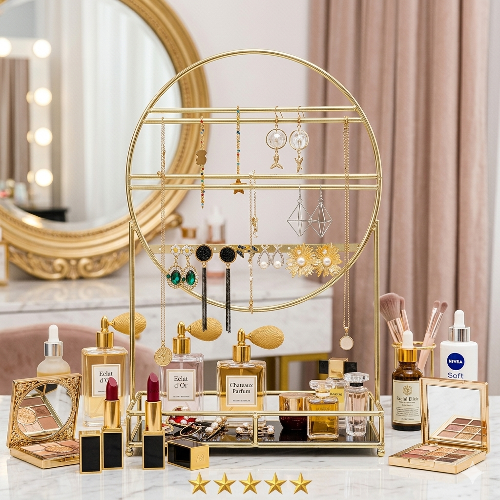 Premium 2-in-1 Round Gold Jewelry Rack & Cosmetic Vanity Organizer