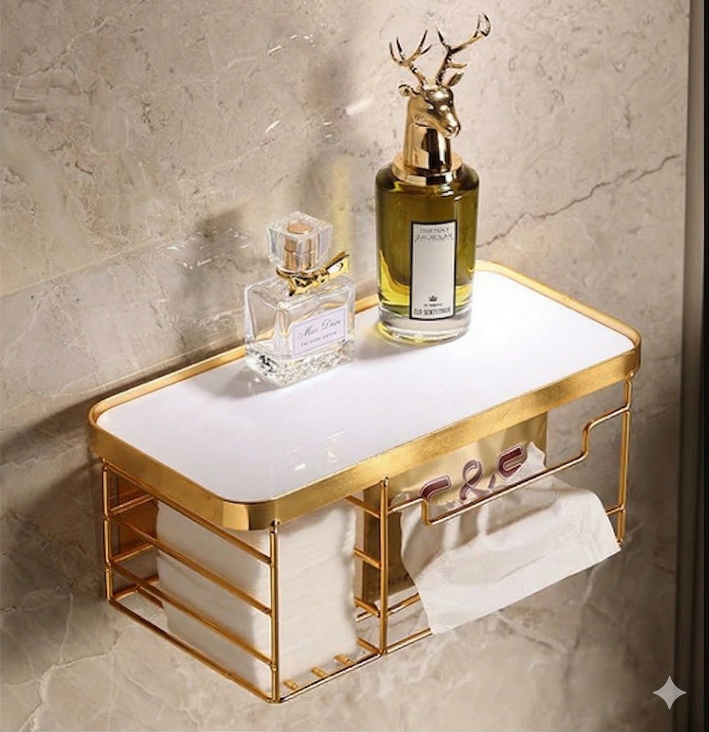 Premium Wall-Mounted Luxury Tissue Box Holder & Cosmetic Shelf – Shiny Gold Metal Frame with Black Acrylic Top – Multi-Purpose Bathroom & Vanity Organizer