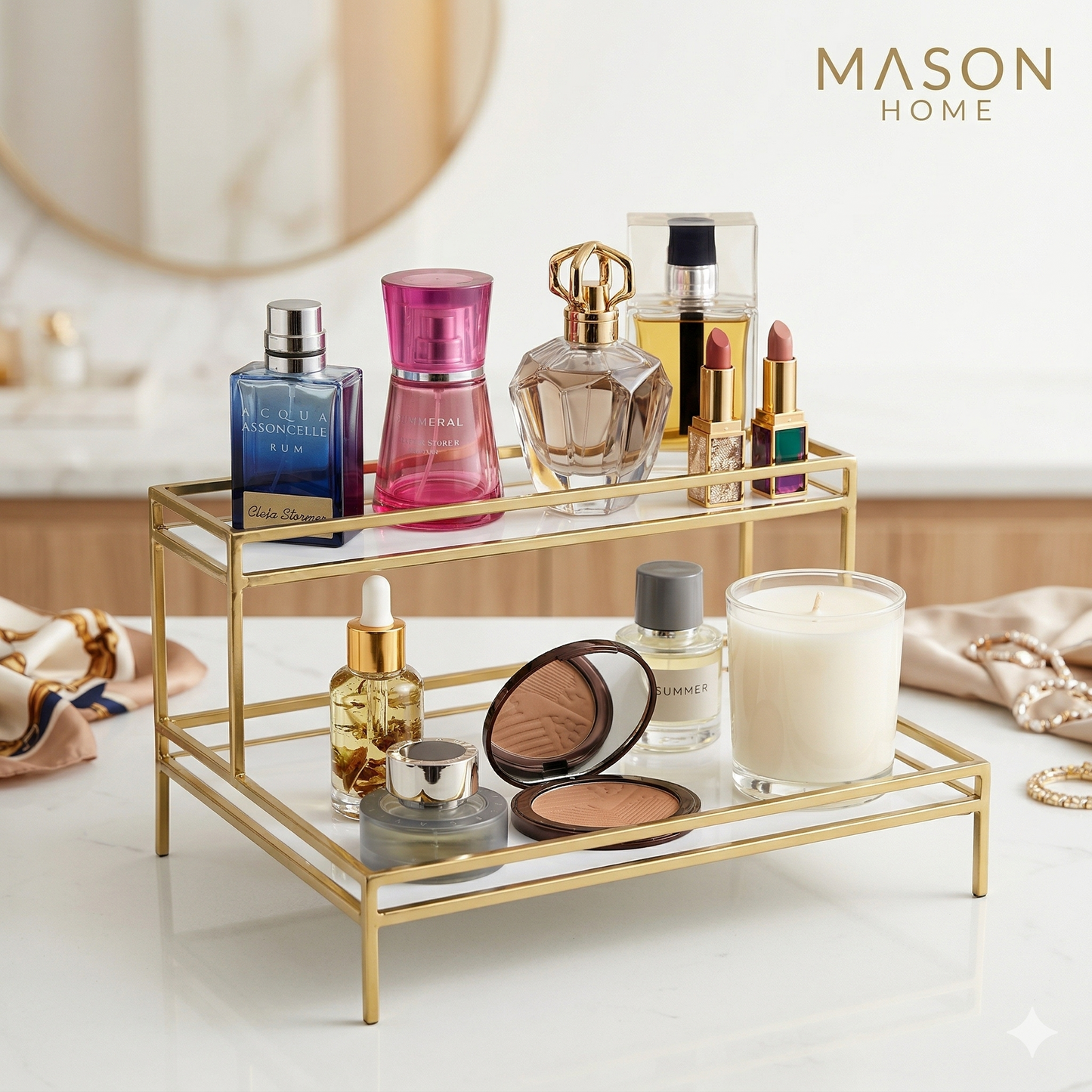 Premium 2-Tier Golden Luxury Organizer – Double-Decker Cosmetic & Perfume Rack