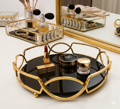 Luxury Round Golden  Tray - Elegant Cosmetic & Jewelry Organize