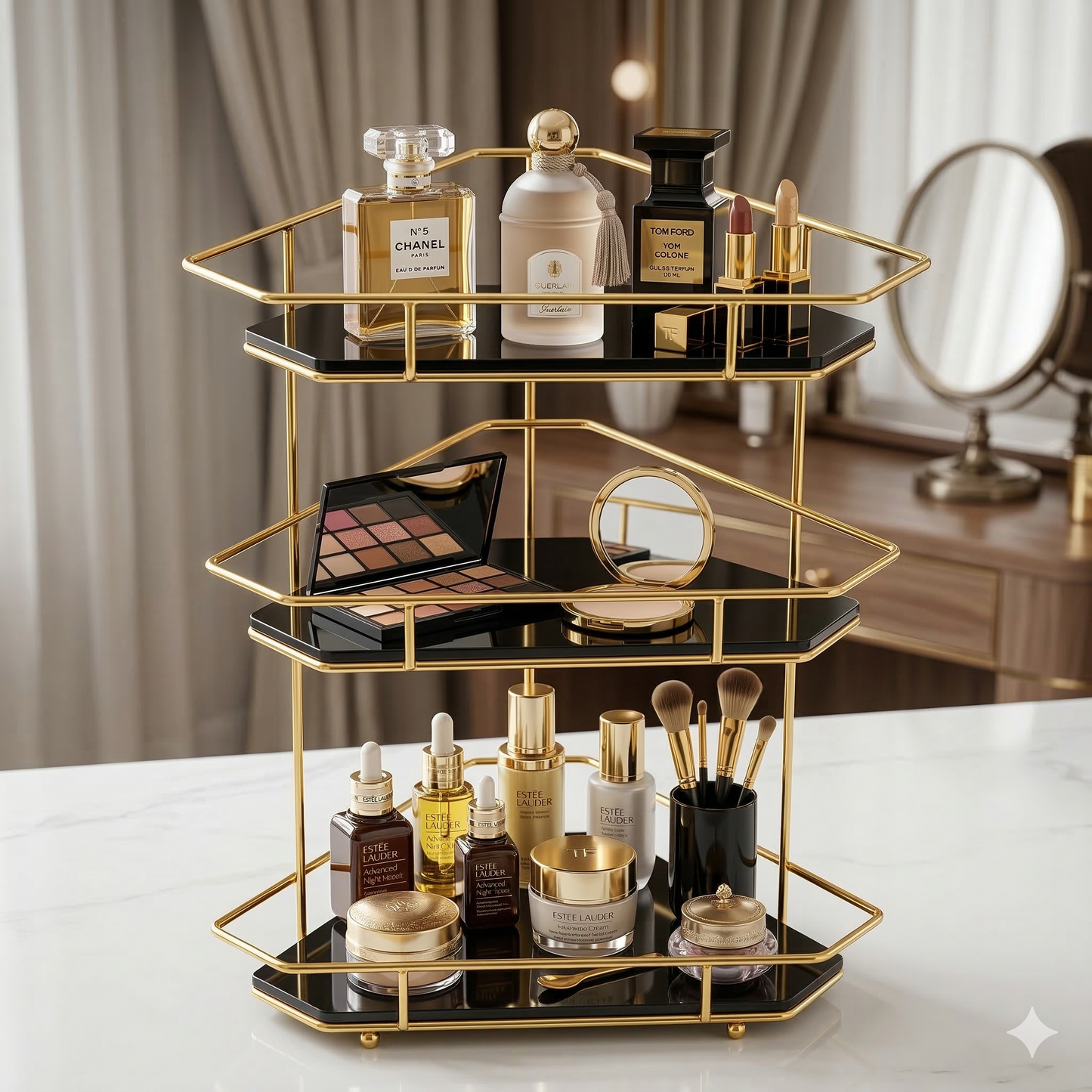 3-Tier Luxury Corner Organizer - Shiny Gold & Black Marble Finish - Multipurpose Vanity, Kitchen & Dressing Table Rack.