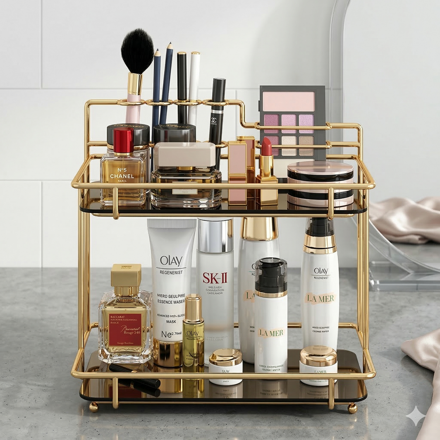 2-Tier Premium Vanity Organizer – Shiny Gold Frame with Integrated Makeup Brush Holder – Luxury Black Marble Base.