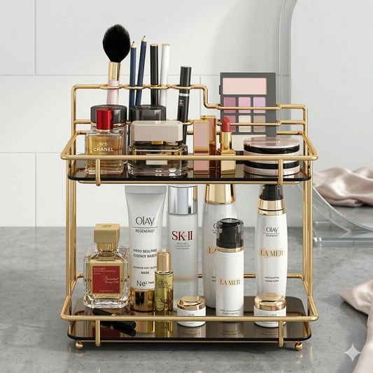 2-Tier Premium Vanity Organizer – Shiny Gold Frame with Integrated Makeup Brush Holder – Luxury Black Marble Base.