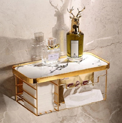 Premium Wall-Mounted Luxury Tissue Box Holder & Cosmetic Shelf – Shiny Gold Metal Frame with Black Acrylic Top – Multi-Purpose Bathroom & Vanity Organizer