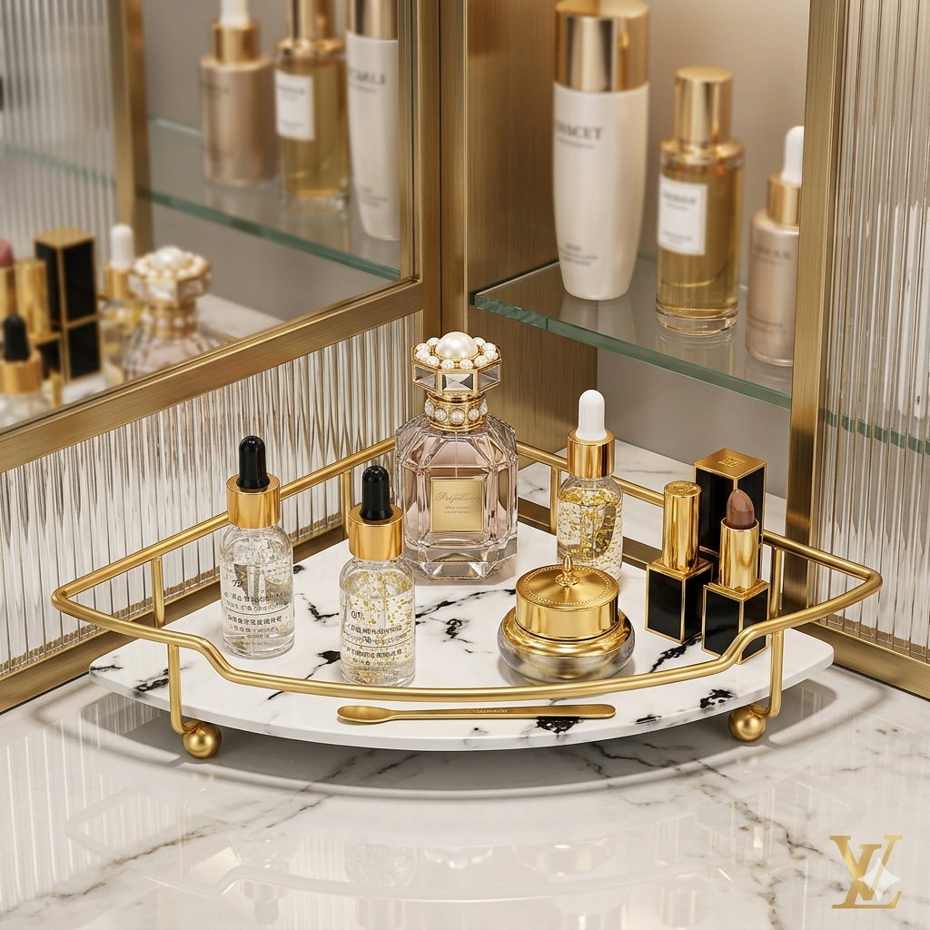 Luxury Single-Tier Gold Corner Display Shelf – Makeup & Perfume Storage Tray with Marble Base