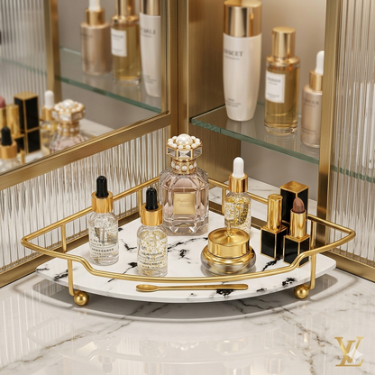 Luxury Single-Tier Gold Corner Display Shelf – Makeup & Perfume Storage Tray with Marble Base