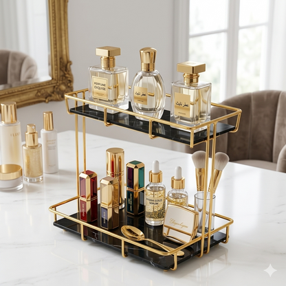 Luxury 2-Tier Gold Mecup Organizer Rack – Premium Cosmetic & Kitchen Countertop Display Stand (Black & White Acrylic Base)