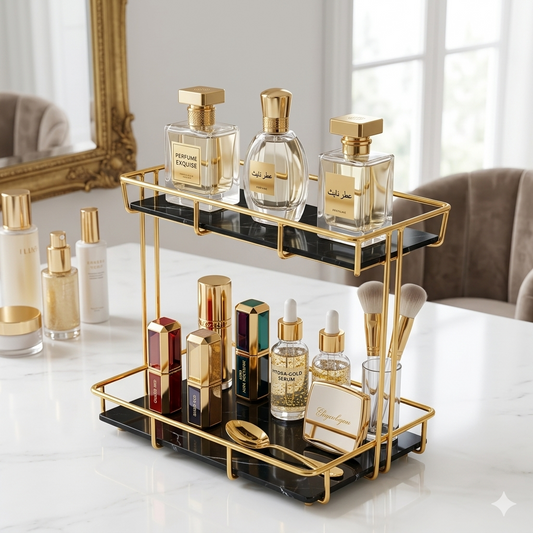 Luxury 2-Tier Gold Mesh Organizer Rack – Premium Cosmetic & Kitchen Countertop Display Stand (Black & White Acrylic Base)