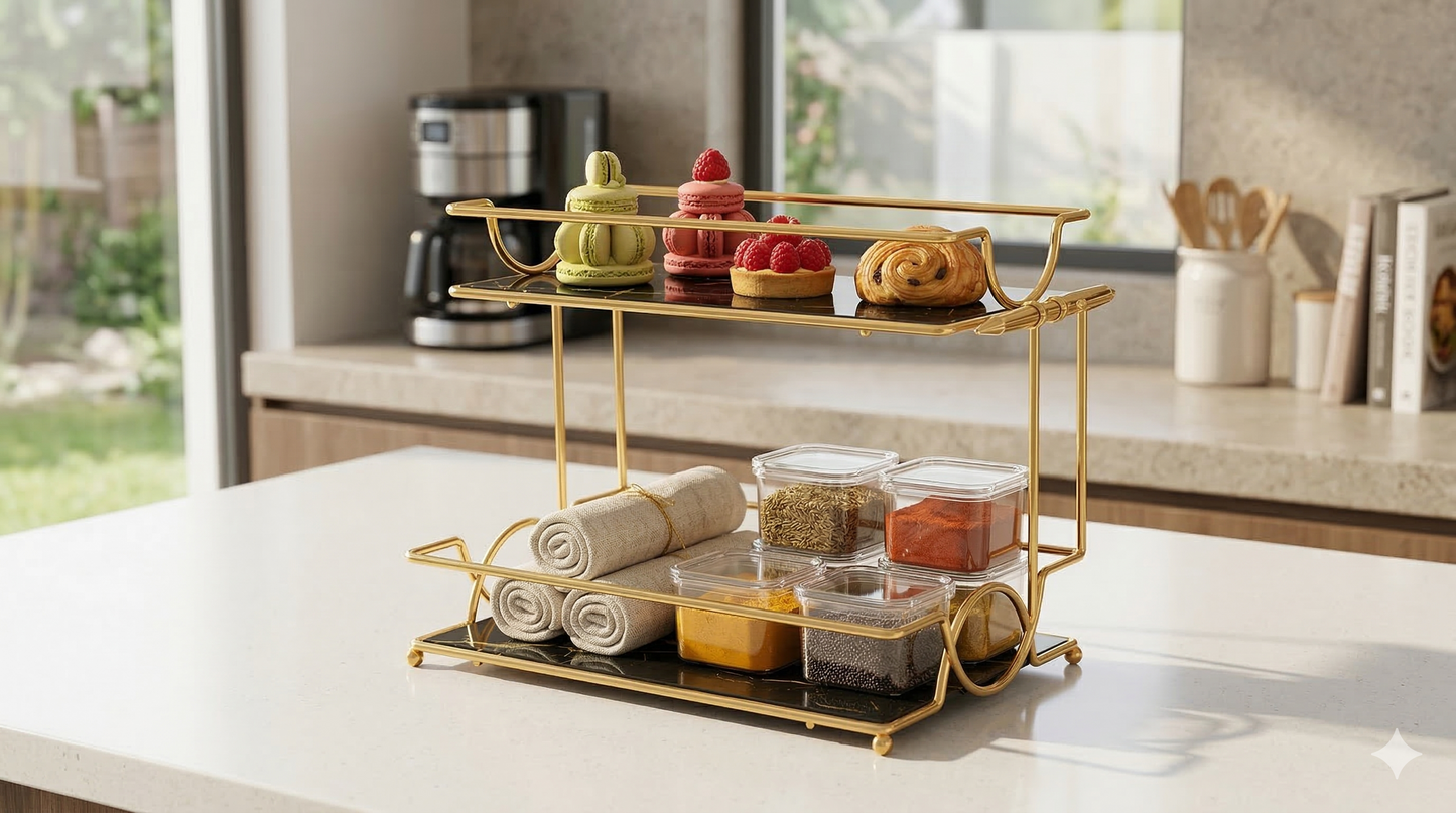 Luxury 2-Tier Golden Display Rack - Multi-Purpose Aesthetic Organizer for Kitchen & Vanity Golden Organizer, Tiered Tray, Countertop Storage, Home Decor Aesthetic