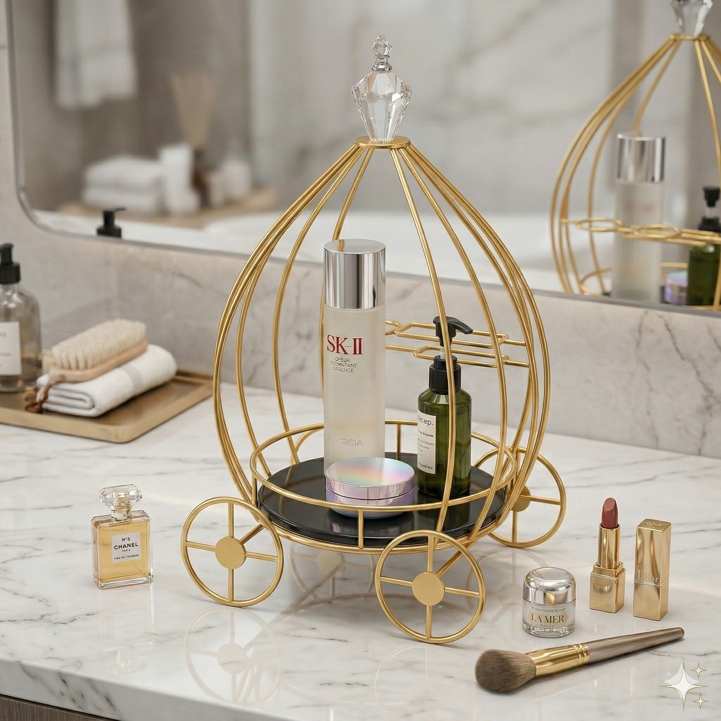Luxury Golden Carriage Cosmetic Organizer – Elegant Cinderella Style Makeup Vanity Tray  Perfect for Home Decor & Reselling
