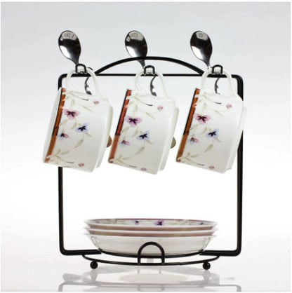 6-Cup Metal Coffee Mug Holder with Saucer Rack - Stylish Kitchen Tea Set Organizer