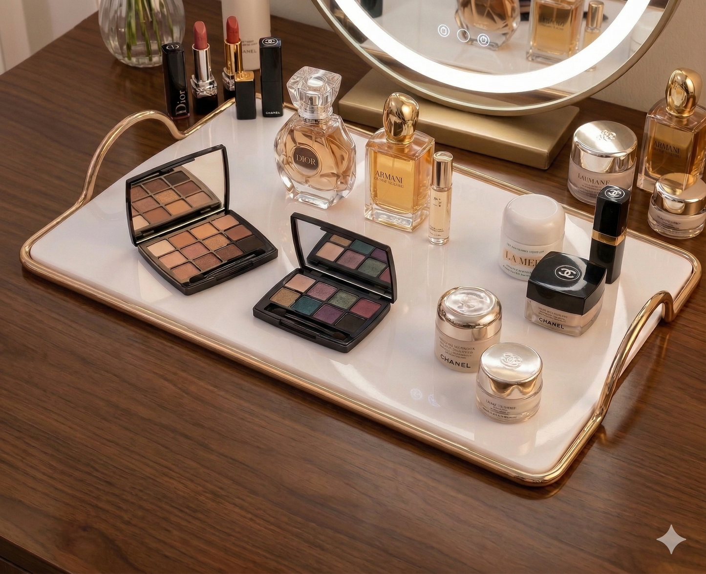 Premium Gold-Bordered White Vanity Tray: The Ultimate Makeup & Skincare Organizer