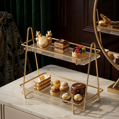 Luxury 2-Tier Gold Display Rack - Multipurpose Metal Organizer for Dessert, Perfume & Cosmetics