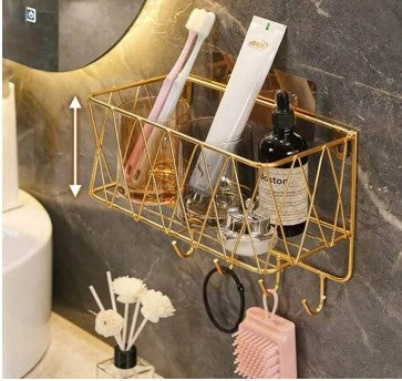 Gold Wall Mounted Bathroom Organizer – Geometric Shelf & Cosmetic Display Stand