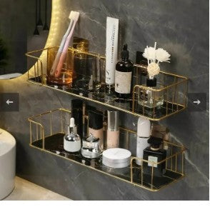 Luxury Golden Wall-Mounted Organizer Rack – Multi-purpose Storage Shelf for Bathroom, Kitchen & Dressing Table – Premium Metal & Marble Finish Base