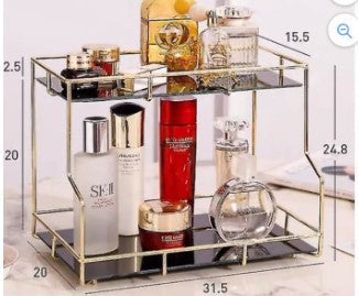 Premium 2-Tier Golden Rectangular Organizer | Luxury Multi-Purpose Metal Rack for Cosmetics, Perfumes & Home Decor Display