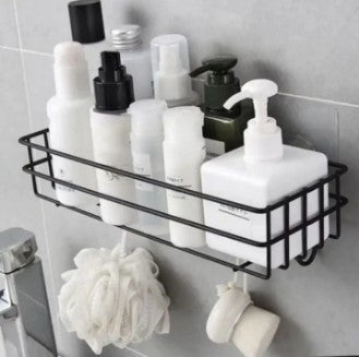 1 Self-Adhesive Wall Mounted Bathroom & Kitchen Organizer Rack – No-Drill Metal Storage Shelf with Hanging Hooks (Black & Golden)