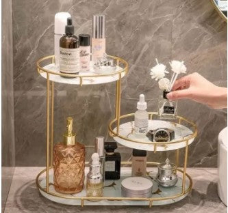 Luxury 3-Tier Step-Design Golden Organizer | Premium Oval Vanity Rack with White Acrylic Base for Cosmetics, Perfumes & High-End Decor
