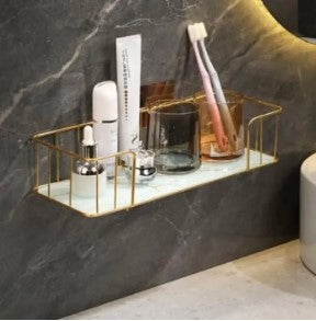 Luxury Golden Wall-Mounted Organizer Rack – Multi-purpose Storage Shelf for Bathroom, Kitchen & Dressing Table – Premium Metal & Marble Finish Base