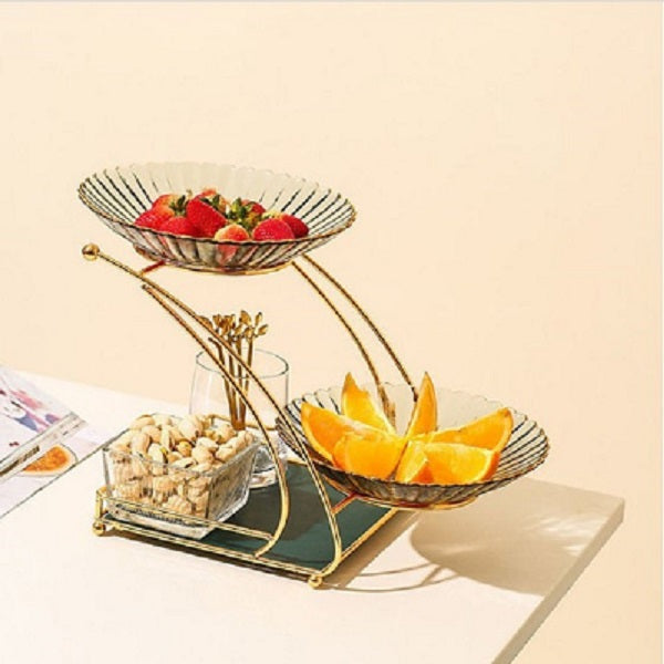 Luxury 2-Bowl & Tray Gold Serving Stand – Elegant Metal Rack with Glass Bowls for Snacks & Dry Fruits