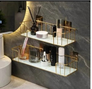 Luxury Golden Wall-Mounted Organizer Rack – Multi-purpose Storage Shelf for Bathroom, Kitchen & Dressing Table – Premium Metal & Marble Finish Base