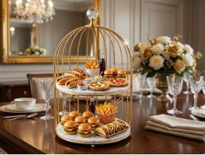 Multi-Purpose Golden Birdcage Stand – Luxury Display Rack for Fast Food, Desserts & Cosmetic Organization