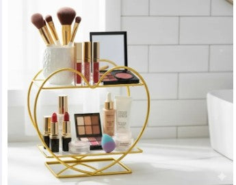 Luxury Heart-Shaped 2-Tier Golden Cosmetic Organizer - Premium Vanity Makeup Storage Rack with Sleek Black Acrylic Base