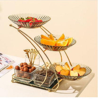 Luxury Multi-3Tier Gold Serving Stand – Elegant Fruit Bowl Set with 3 Decorative Glass Bowls & Square Snack Trays
