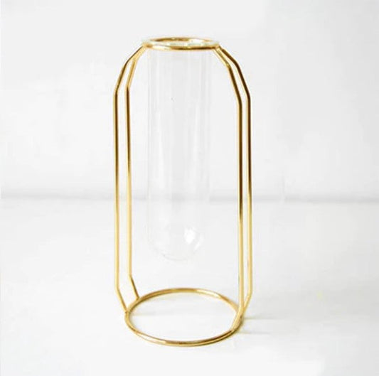 Nordic Gold Geometric Hydroponic Vase - Modern Metal Plant Holder with Glass Tube