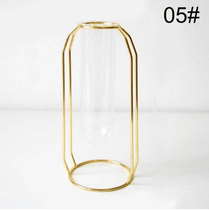 Nordic Gold Geometric Hydroponic Vase - Modern Metal Plant Holder with Glass Tube