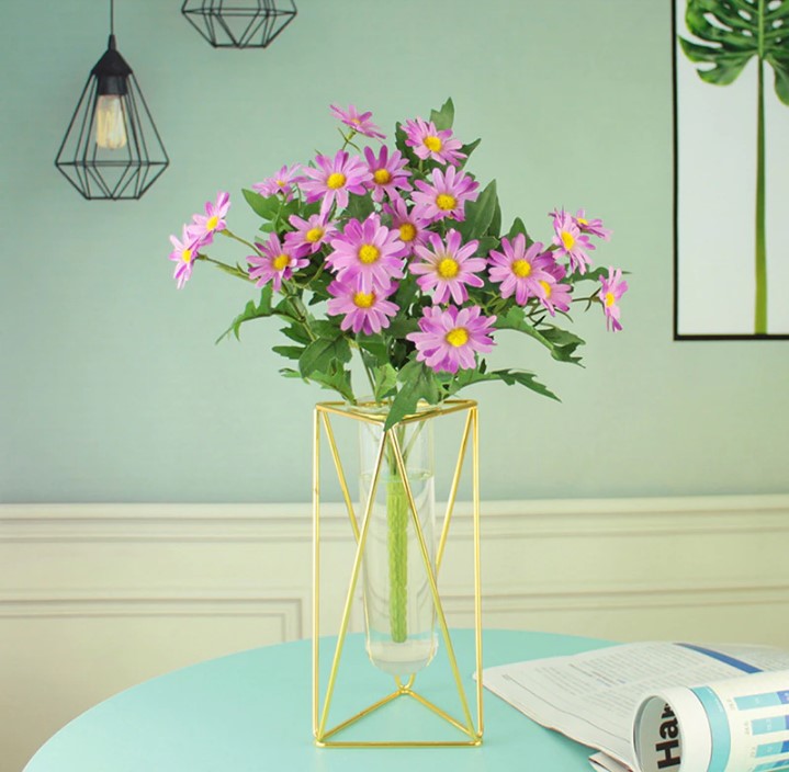 Triangle Gold Metal Geometric Vase - Modern Hydroponic Flower Holder with Glass Tube