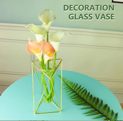Triangle Gold Metal Geometric Vase - Modern Hydroponic Flower Holder with Glass Tube